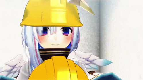 A gif (animated picture) of Amane Kanata from Hololive. She is wearing a hardhat on her head and holding another with her right hand. The animation starts with her closing her eyes, smiling and lowering her head. She then quickly lifts her head while moving her lips (probably to say something) and shakes her left hand into a thumbs up.
